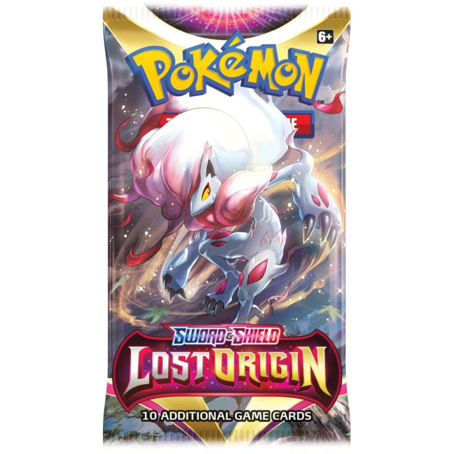 Pokémon Sword & Shield Lost Origin trading card game pack with a Pokémon character on a white background